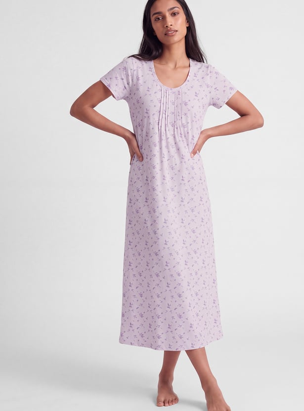 Women Floral Print Pintuck Nightgown