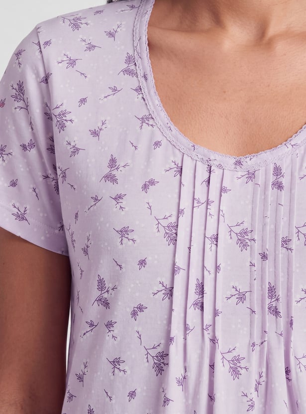 Women Floral Print Pintuck Nightgown