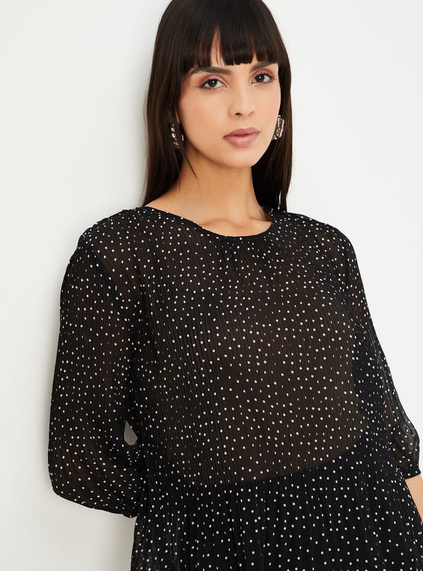Women Sheer Polka Dot Pleated Top with Cami