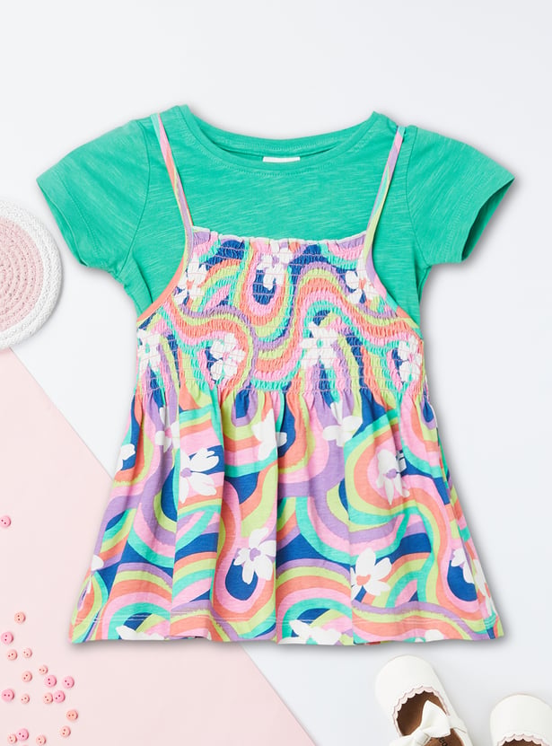 Girls Printed Pinafore Dress with T-shirt