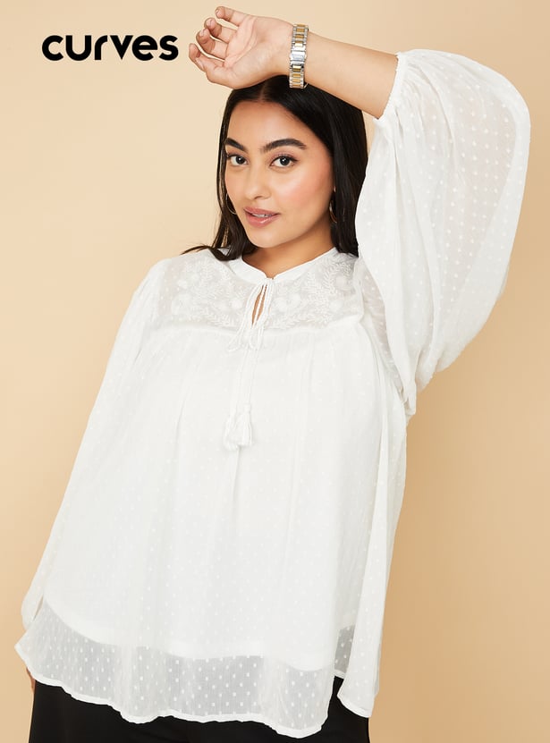 Women Dobby Tie-Up Neck Blouse