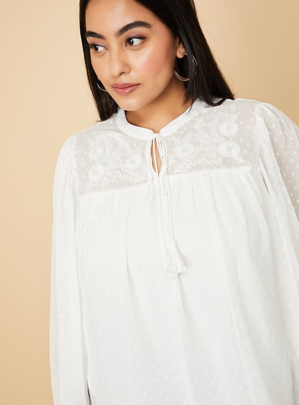 Women Dobby Tie-Up Neck Blouse