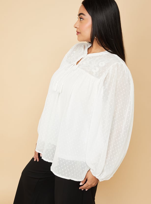 Women Dobby Tie-Up Neck Blouse