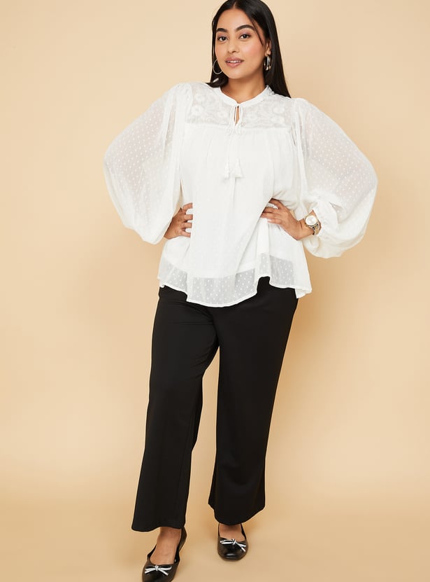 Women Dobby Tie-Up Neck Blouse