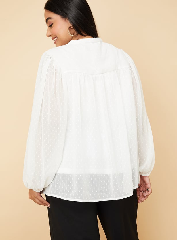 Women Dobby Tie-Up Neck Blouse