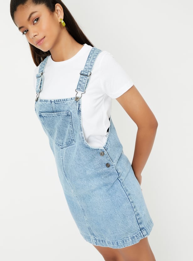 Girls Solid Denim Pinafore Dress