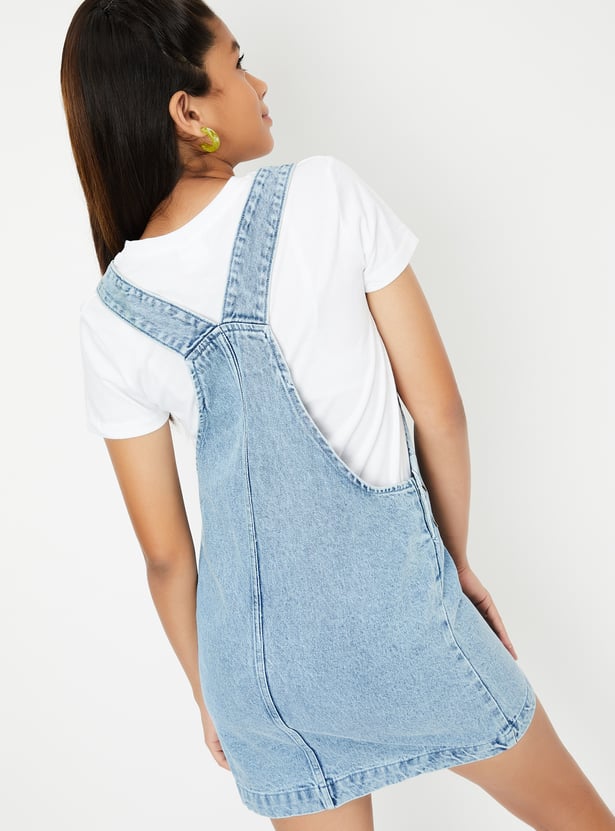 Girls Solid Denim Pinafore Dress