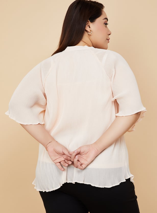V-Neck Accordion Pleats Buttoned Top Style Top