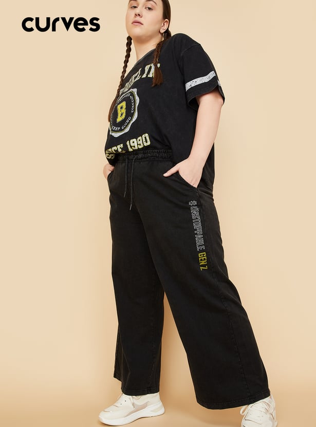 Women Solid Wide Leg Sports Track Pants