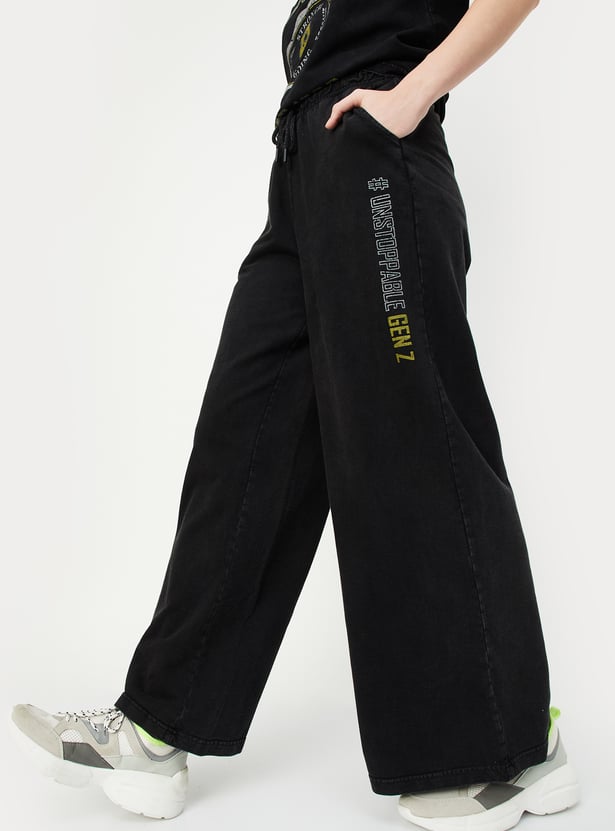 Women Solid Wide Leg Sports Track Pants