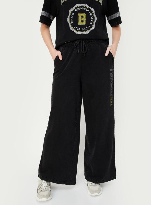 Women Solid Wide Leg Sports Track Pants