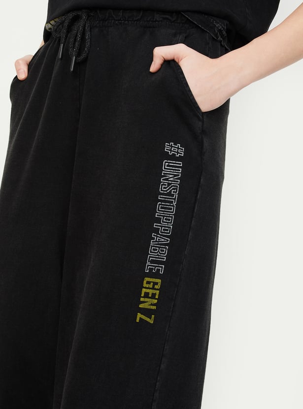 Women Solid Wide Leg Sports Track Pants