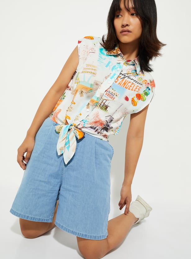 URB_N Women Printed Knotted Hem Shirt