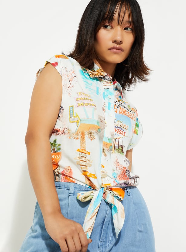 URB_N Women Printed Knotted Hem Shirt