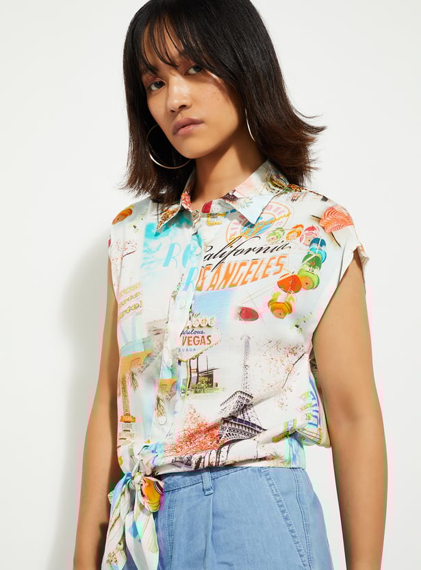 URB_N Women Printed Knotted Hem Shirt