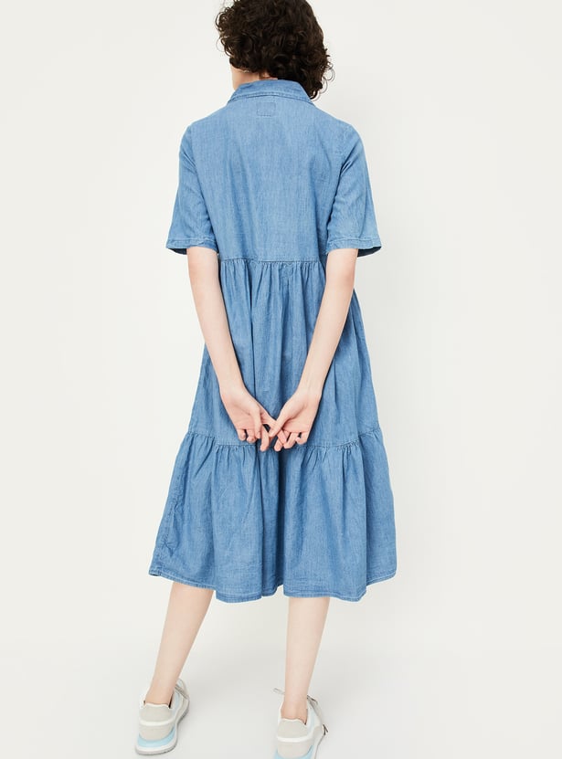 Women's Solid Black Shirt Knee Length Denim Dress with Fabric Belt