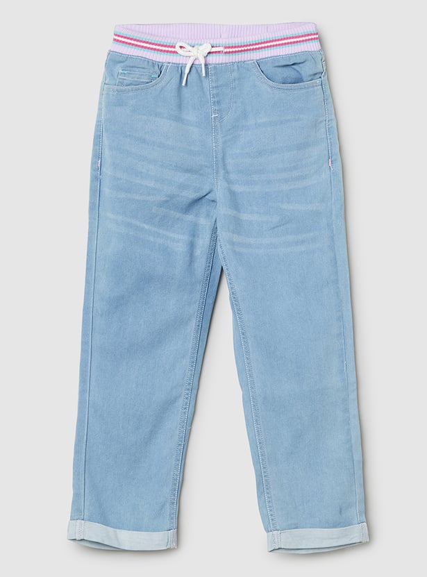 Girls Dark Blue Lycra Washed Slim Fit Jeans