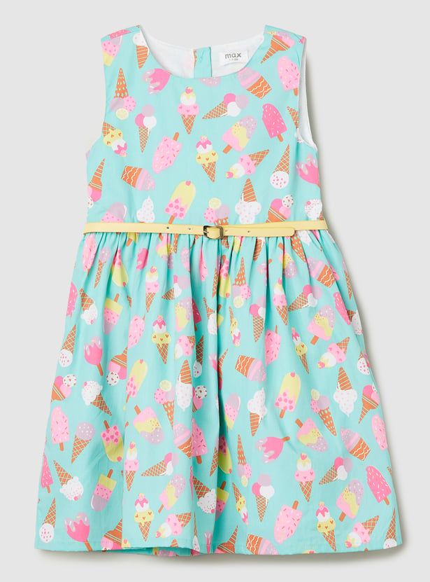 Girls Green Printed Fit And Flare Dress