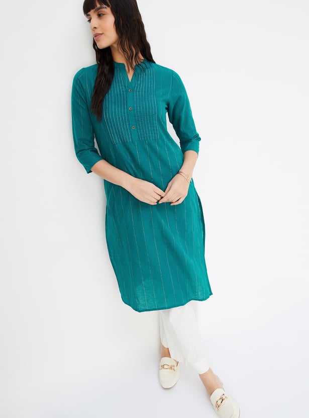 Green Striped Straight Kurta Set