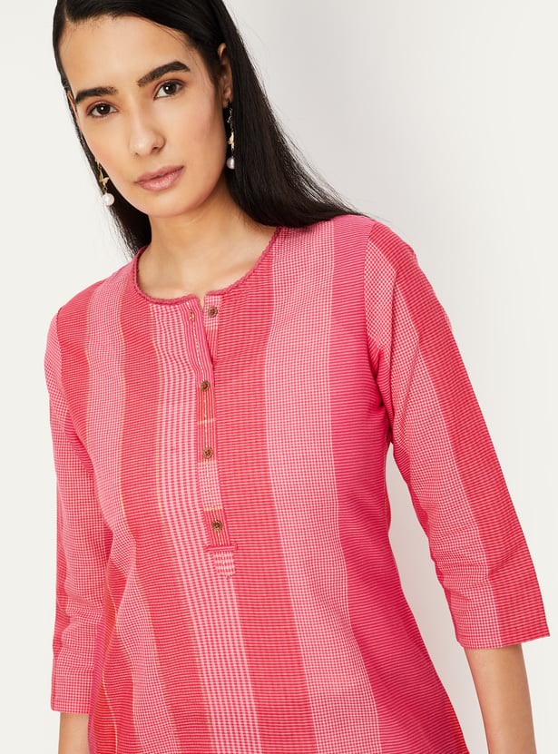 Women'S Pink & White Striped Straight Kurta With Lace Detail main image 1