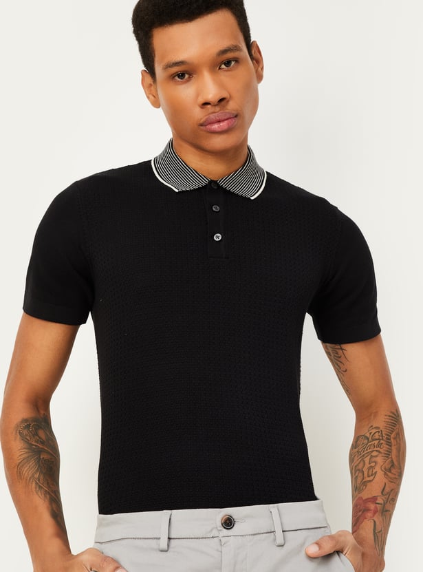 Men's Textured Striped Black Knitted Polo T-Shirt