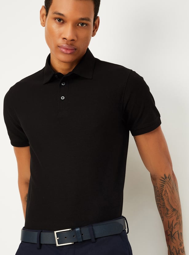 Buy Men Slim Fit Textured Polo T-shirt Online at just