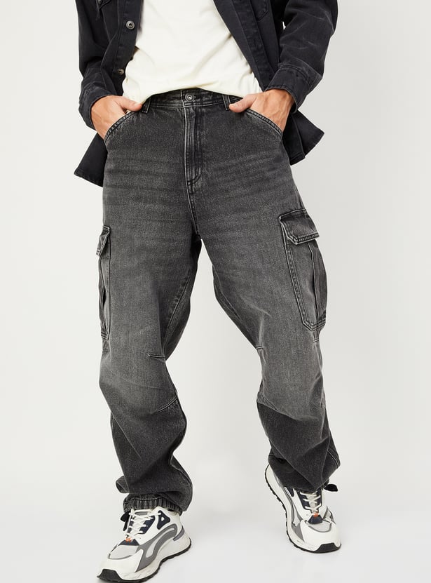 Men Faded Parachute Jeans with Cargo Pockets