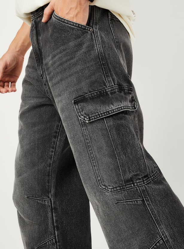 Men Faded Parachute Jeans with Cargo Pockets