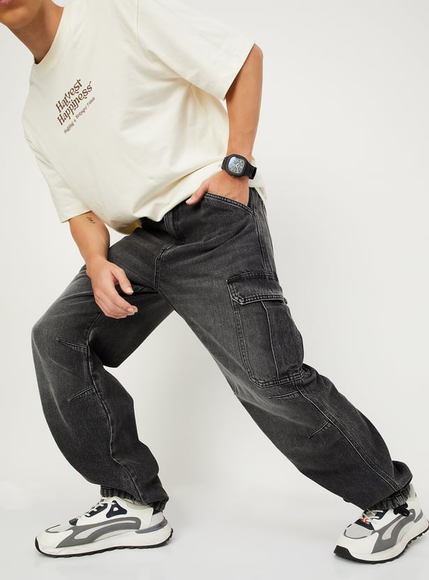 Men Faded Parachute Jeans with Cargo Pockets