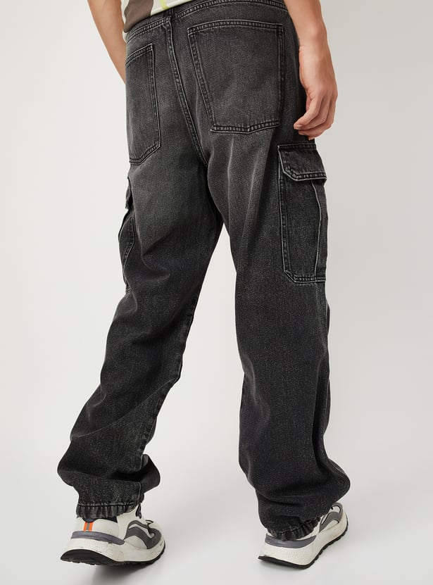 Men Faded Parachute Jeans with Cargo Pockets