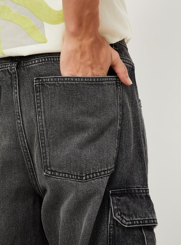 Men Faded Parachute Jeans with Cargo Pockets