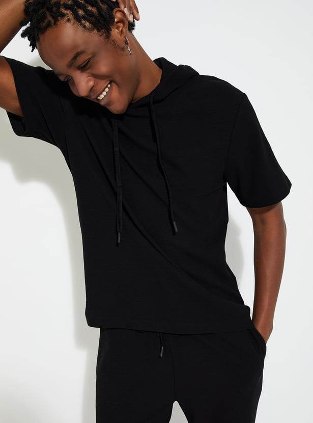 Black hooded t shirt sale