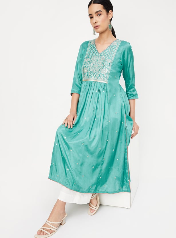 Blue Printed 3/4Th Sleeve A-Line Kurta With Embriodery Work At Yoke main image 0