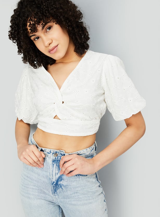 Schiffli Ruffle Design Sleeveless Slim Fit Crop Top
