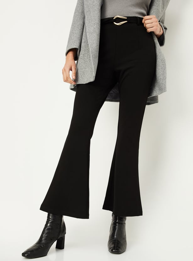 Women Solid Belted Kick Flare Trousers