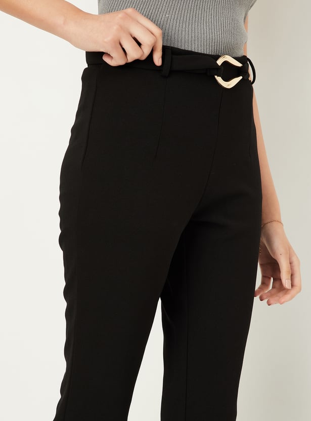 Women Solid Belted Kick Flare Trousers