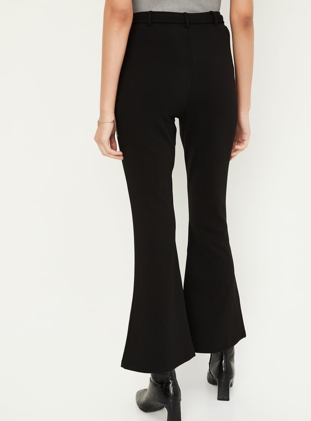 Women Solid Belted Kick Flare Trousers