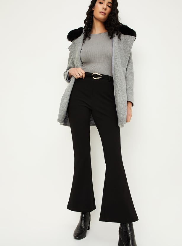 Women Solid Belted Kick Flare Trousers