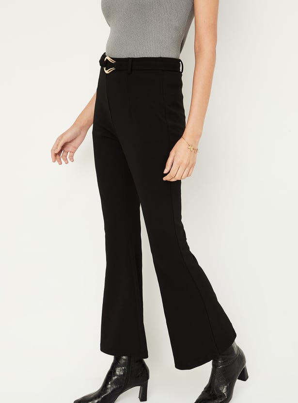 Women Solid Belted Kick Flare Trousers