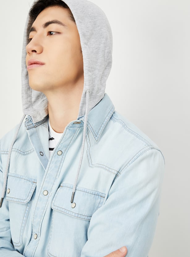 Men Hooded Denim Shacket