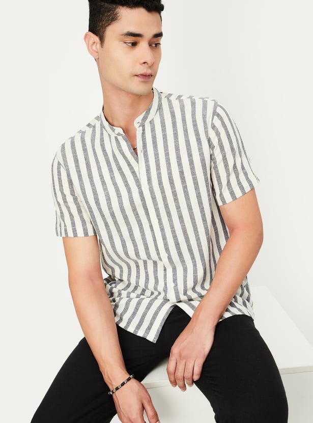 Men Striped Band Collar Short Kurta