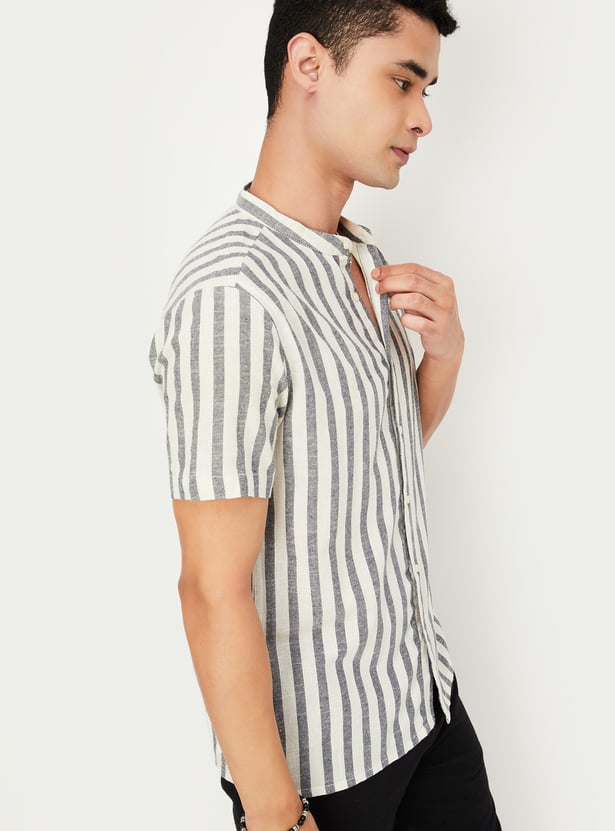 Men Striped Band Collar Short Kurta