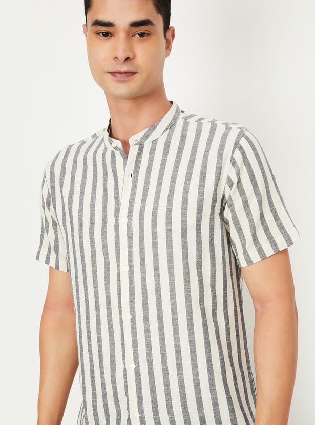 Men Striped Band Collar Short Kurta