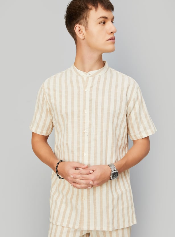 Men Striped Band Collar Short Kurta