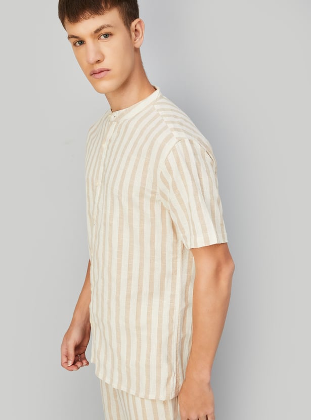 Men Striped Band Collar Short Kurta