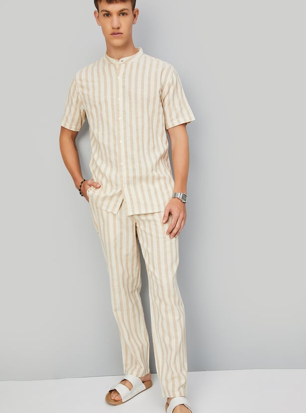 Men Striped Band Collar Short Kurta