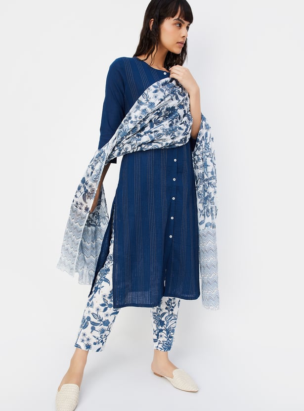 Women's Navy Blue Graphic Straight Kurta Set