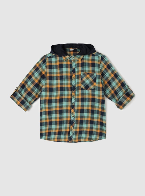 Boys Checked Hooded Shirt