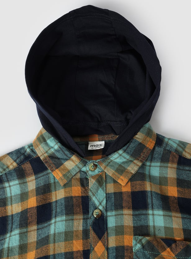 Boys Checked Hooded Shirt