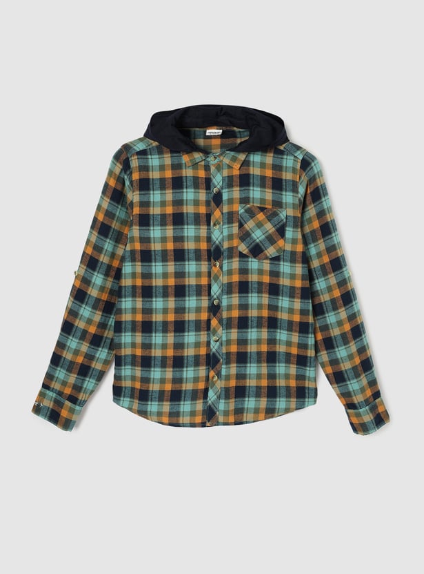 Boys Checked Hooded Shirt